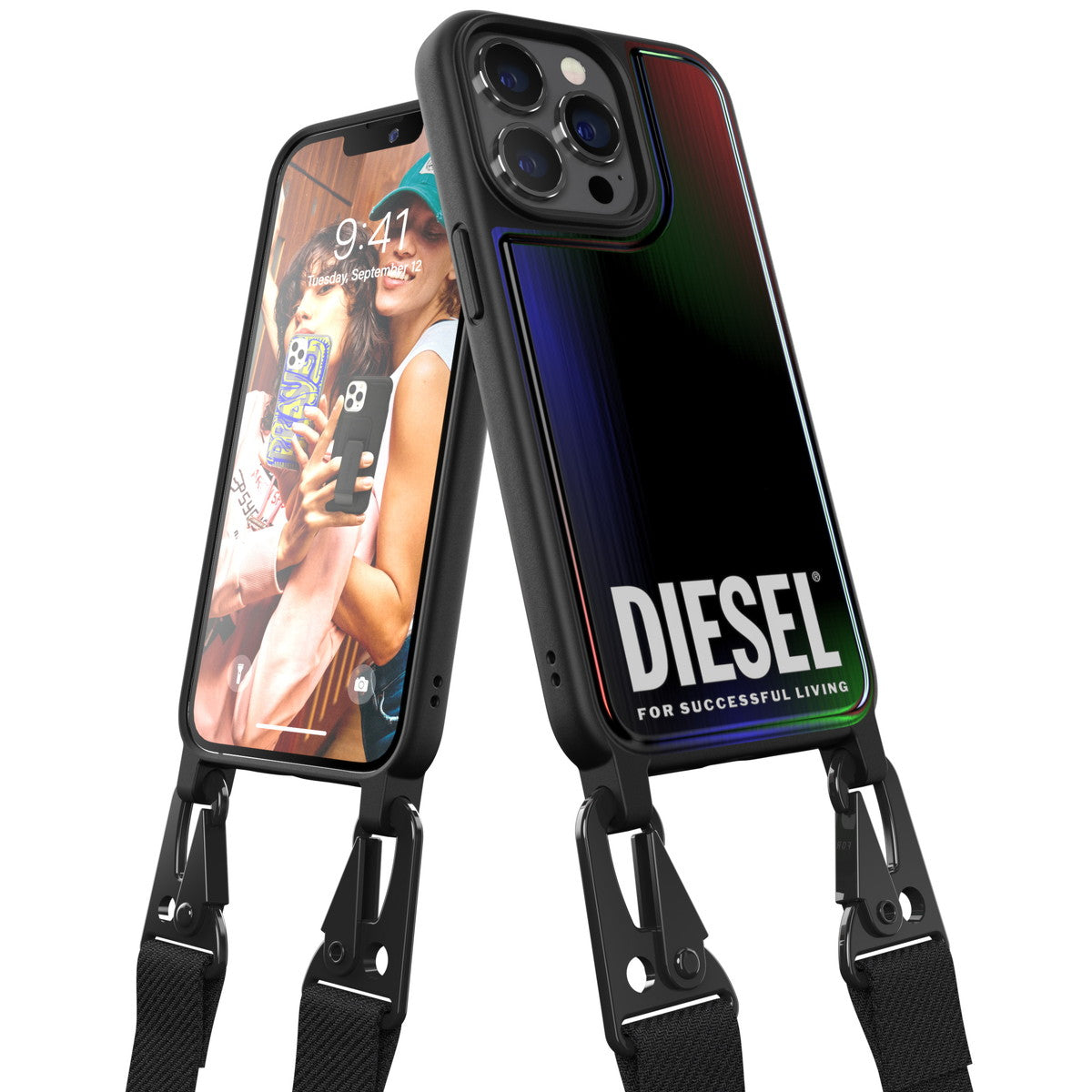 iPhone13Pro/13ケース Necklace Case ホログラフィック/ブラック