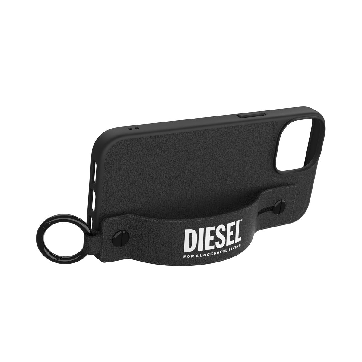 iPhone14ケース レザー風ハンドストラップ ブラック/ホワイト