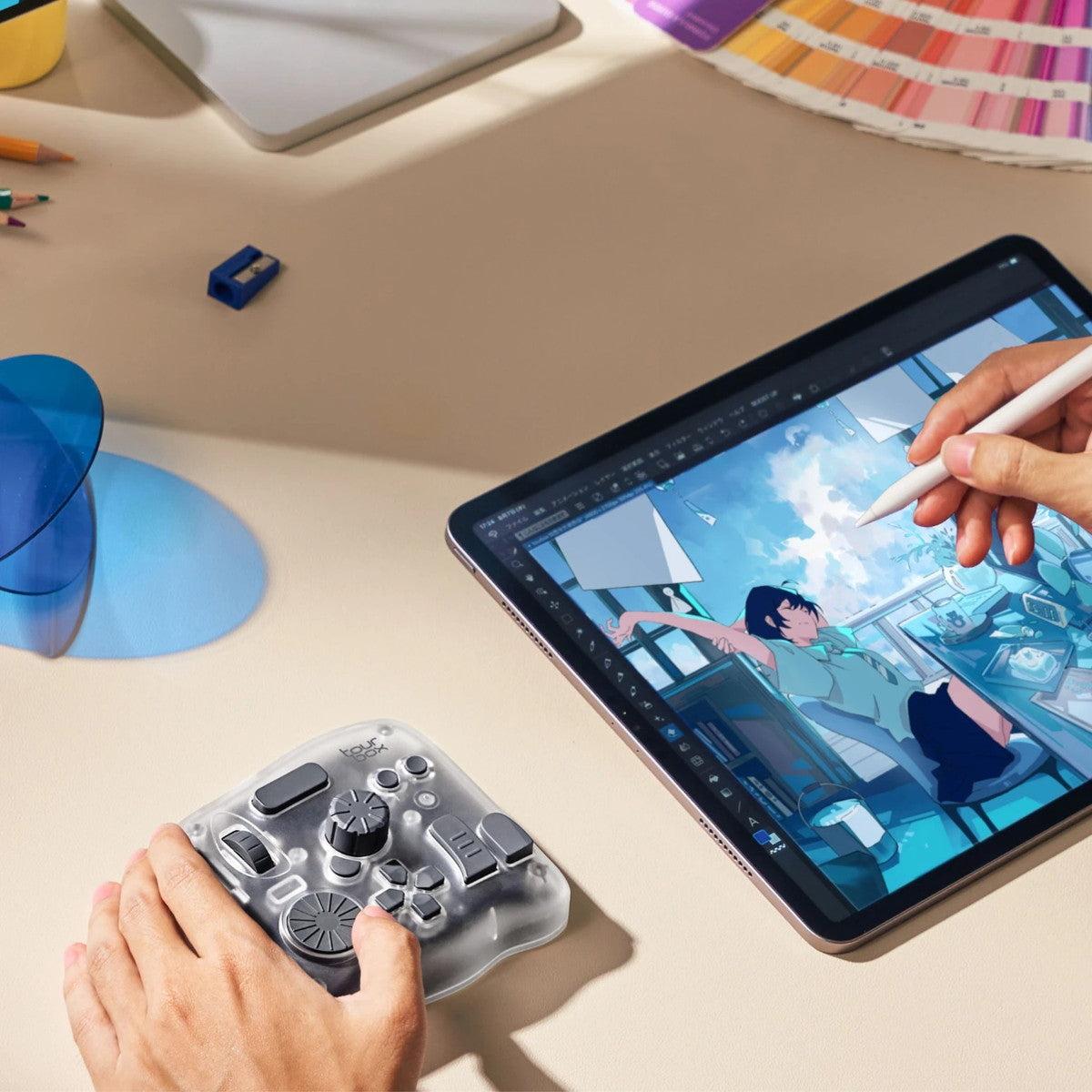 TourBox Elite Plus 左手 デバイス キーボード Bluetooth adobe iPad Windows Mac つまみ 手持ち 割り当て ツアーボックス エリートプラス クリアートランスパレント TBEP