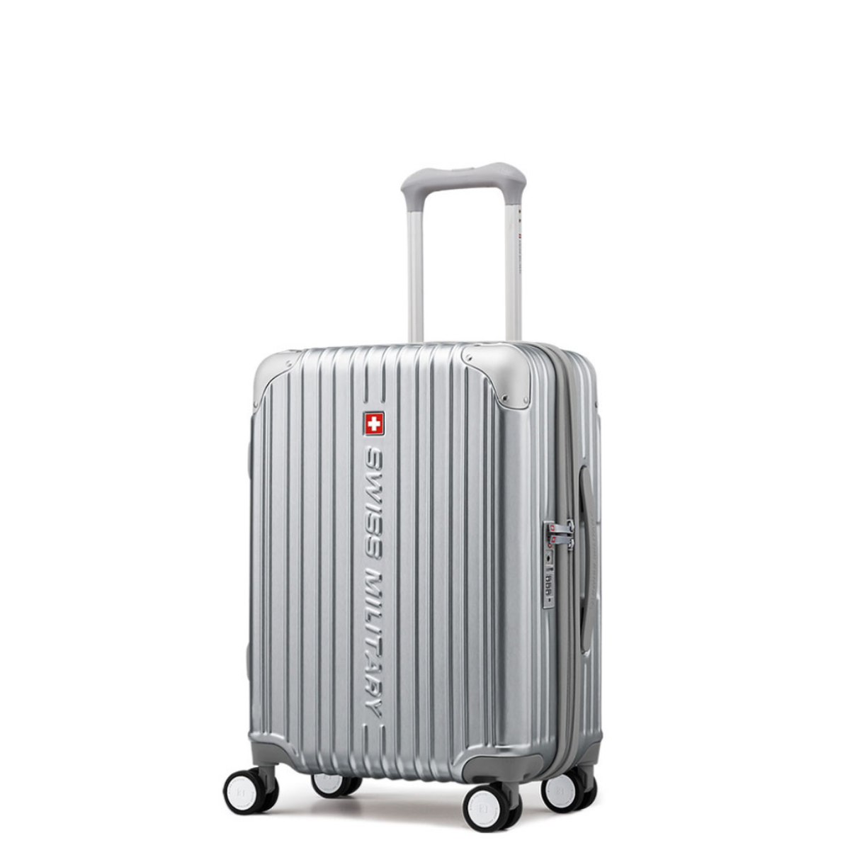 SWISS MILITARY〔スイスミリタリー〕
スーツケース SWISS MILITARY 機内持ち込み可 Sサイズ 1～3泊 55cm CYGNUS(シグナス) メタリックシルバー　商品斜め