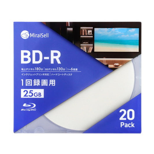 MiraiSell〔ミライセル〕　録画用BD-R 25GB 20枚パック 5mm厚スリムケース インデックスカード付き　パッケージ正面